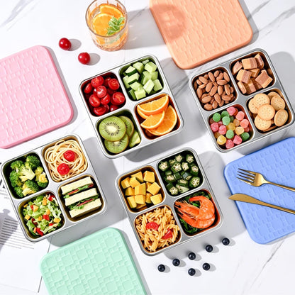 4 Pack Stainless Steel Snack Containers with Silicone Lids, Leakproof Bento Snack Boxes, Reusable 4 Compartment Metal Lunch Containers, Dishwasher Safe Food Storage for Meal Prep, Work & Travel6