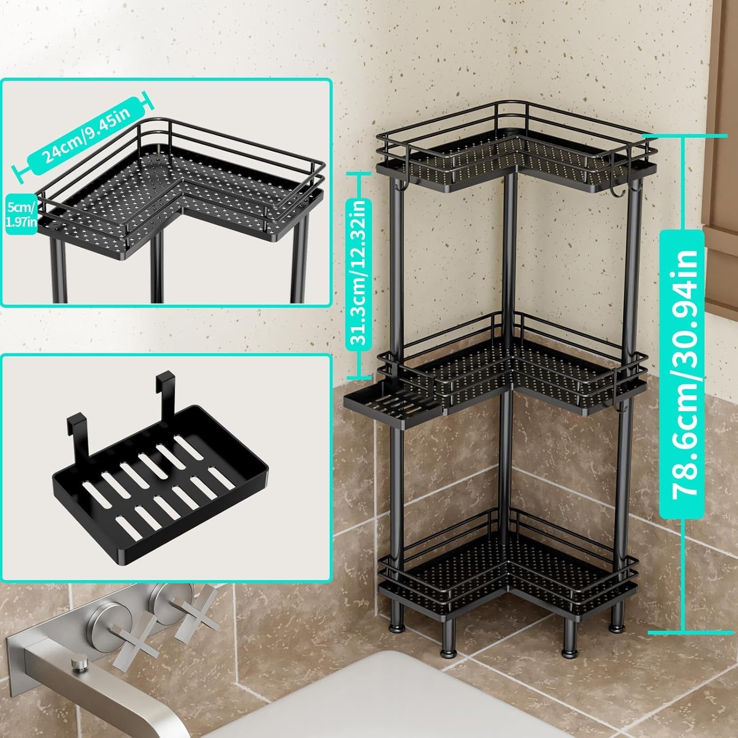 corner-shower-caddy-standing-3-tier-shower-organizer-corner-with-soap-holder-rustproof-bathroom-standing-organizer-with-4-hooks-black