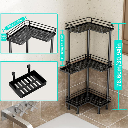 Corner Shower Caddy Standing - 3 Tier Shower Organizer Corner with Soap Holder, Rustproof Bathroom Standing Organizer with 4 Hooks, Black4