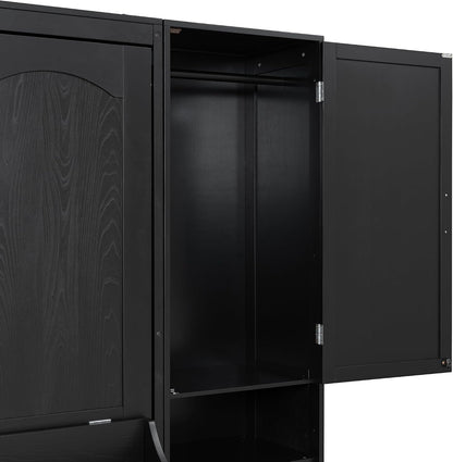 Queen Murphy Bed with Side Wardrobes & Drawers, Queen Size Wall Bed Frame, Multi-Functional Hidden Fold down Cabinet Bed with Clothing Hanging Rods & Open Shelves, Black6