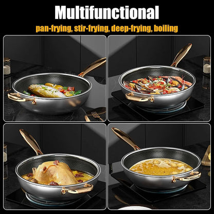Wok Pan, Hybrid Nonstick Wok with Lid,Induction Non Stick Stainless Steel Large Deep Woks&Stir-Fry Pans,Stay-Cool Handle Skillets,Pfoa Free Cookware,With Lid,11.81In7