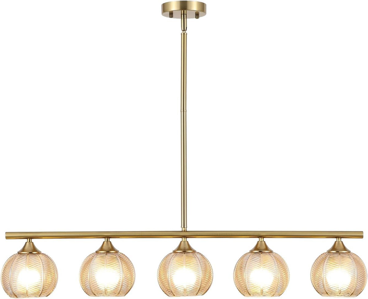 modern-brushed-brass-linear-chandelier-amber-ribbed-glass-shade-5-lights-gold-mid-century-sputnik-globe-pendant-light-farmhouse-ceiling-hanging-light-fixture-dining-room-kitchen-island