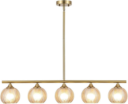 Modern Brushed Brass Linear Chandelier Amber Ribbed Glass Shade 5-Lights Gold Mid Century Sputnik Globe Pendant Light Farmhouse Ceiling Hanging Light Fixture Dining Room Kitchen Island1