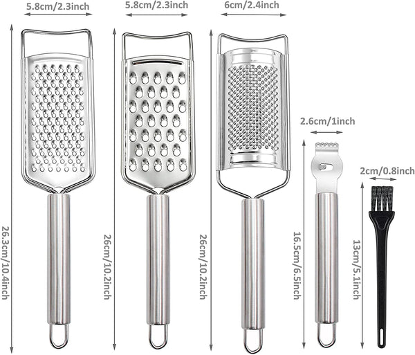 Stainless Steel Cheese Grater Set, Set of 5 Kitchen Grater & Peeler & Slicer, Lemon Zester with Cleaning Brush for Vegetable, Fruit, Chocolate9