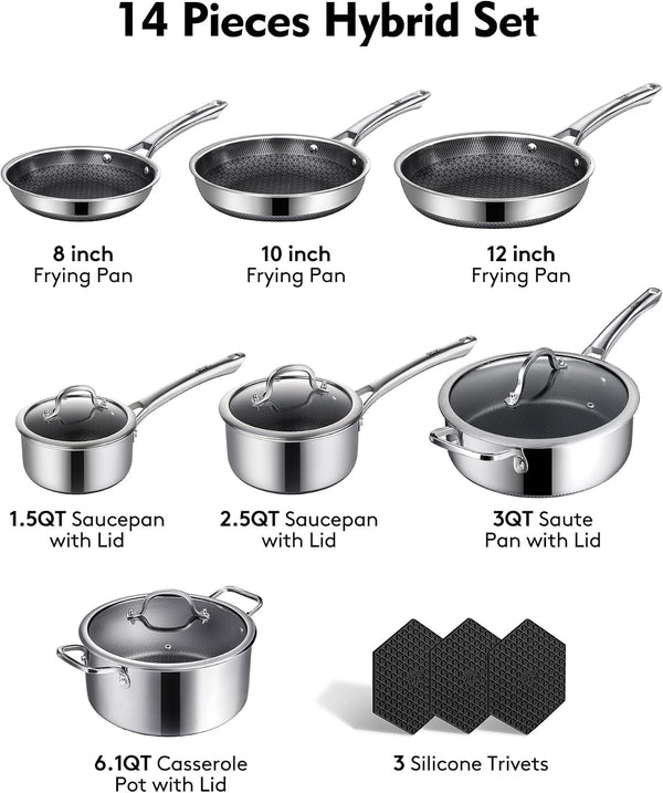 Pots and Pans Set Non Stick | Stainless Steel Kitchen Cookware | 14 Pcs | PFOA Free | Hybrid | Induction Compatible | Frying Skillet, Saucepans, Saute Pan & Stock Pot4