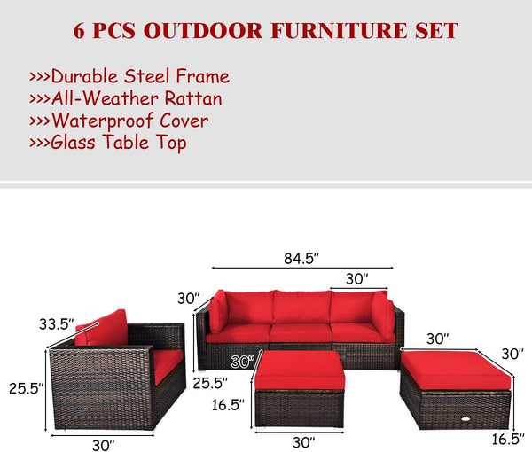 6 Pieces Wicker Patio Furniture Set, PE Rattan Outdoor Sectional Conversation Set with Glass Coffee Table & Ottoman, Wicker Sofa Set with Cushions for Yard Garden, Deck, Porch (Red)4