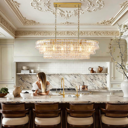39In Large Chandelier Gold, Modern Dining Room Light Fixtures, 3 Layer Luxury Glass Chandelier 6 Light Rectangular Chandeliers for Dining Room Kitchen Island Living Room (Clear Glass)4