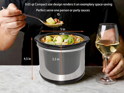 0.65Qt Mini round Slow Cooker, Fondue Melting Pot Warmer 20 Oz | Small Slow Cooker for Dips,Dishwasher-Safe 20Oz Stoneware,Sauce Warmer,Crock Glass Lid,Serve 1-2 Person,Stainless Steel,Black3