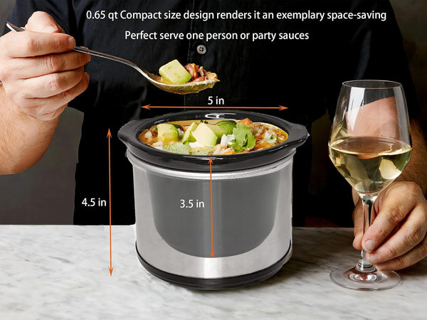 0.65Qt Mini round Slow Cooker, Fondue Melting Pot Warmer 20 Oz | Small Slow Cooker for Dips,Dishwasher-Safe 20Oz Stoneware,Sauce Warmer,Crock Glass Lid,Serve 1-2 Person,Stainless Steel,Black3