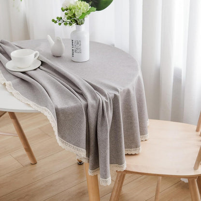 round Tablecloth Faux Linen Waterproof Tablecloth with Lace Trim for Dining Kitchen Party, 48 Inch, Gray5