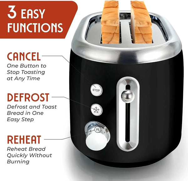 MUELLER HOME Retro Toaster 2 Slice, 7 Browning Levels | 3 Functions (Reheat, Defrost, Cancel), Stainless Steel Features, Removable Crumb Tray, under Base Cord Storage,2