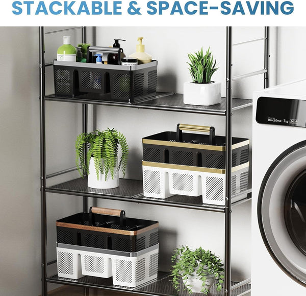Plastic Shower Caddy Dorm: Portable Cleaning & Shower Caddy with Handle, 4 Divided Compartments, All-Side Drainage, Rigid Plastic Basket Tote for College Dorm & Bathroom Use, Black/Silver5