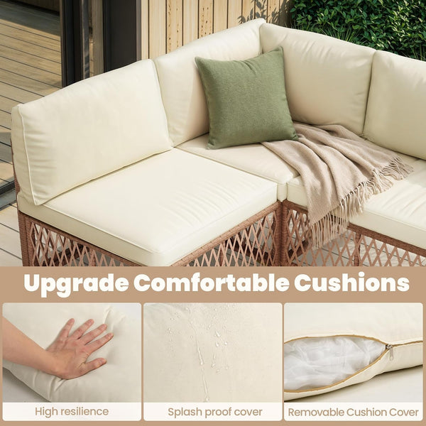 7-Piece Wicker Outdoor Furniture Set, Boho Sectional Sofa Patio Conversation Set with Washable Cushions & Glass Coffee Table, All-Weather Patio Furniture Set for Backyard, Porch, Cream6