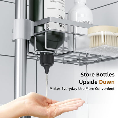 Shower Caddy Organizer Tension Pole, Rustproof 4 Tier Corner Shower Rack with 25–114 Inch Adjustable Height for Bathroom Storage, Extra Towel Rack, Soap Dish and Toothbrush Holder, Silver5