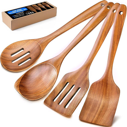 Wooden Spoons for Cooking, 4 Piece Teak Cooking Utensils Set8