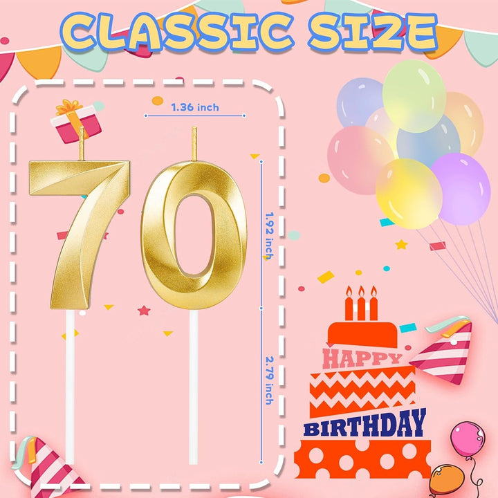 70Th Birthday Decorations, Gold Number 70 Candles for Cake+2
