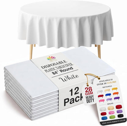 12-Pack Premium Plastic Tablecloth 84In. round Table Cover - White1