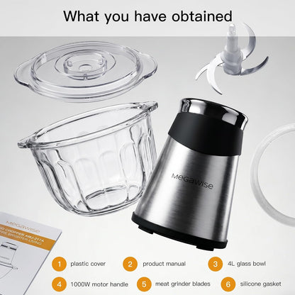 Electric Food Processor, 1000W Meat Grinder & Vegetable Chopper with 4L Thick Glass Bowl, 4 Blades and Dual-Speed Food Chopper for Meat, Vegetables, Fruits, Nuts, and Baby Food7