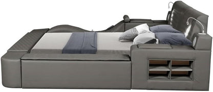 Smart Multifunctional Queen Size Bed, Wood Frame, Gray Upholstery, Massage Chaise, USB Charging, Storage Drawers, LED Lights, Bluetooth Speakers, Modern Design for Bedroom Comfort And6