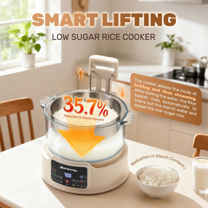 Low Carb Rice Cooker 3L with Auto Lift Filter Basket, Glass Pot | Healthy Low Sugar Rice Maker 700W, Digital Touch Control, 12H Timer & Keep Warm, Steamer for Porridge, Soup, Oats, Grains2