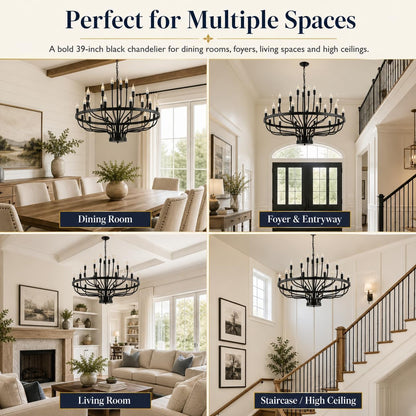 Large Black Wagon Wheel Chandelier 24-Light 39In for High Ceilings7