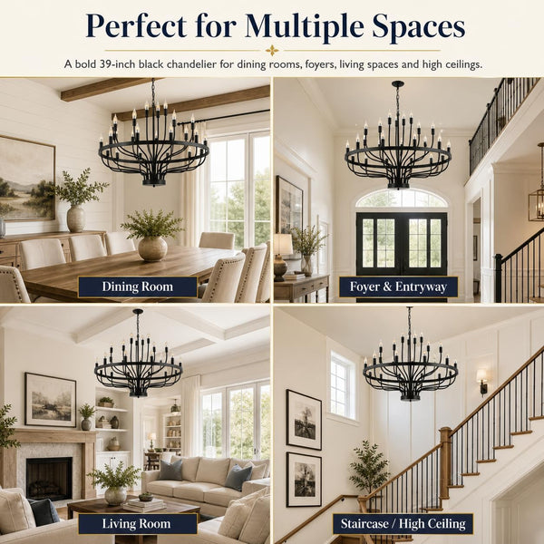 Large Black Wagon Wheel Chandelier 24-Light 39In for High Ceilings7