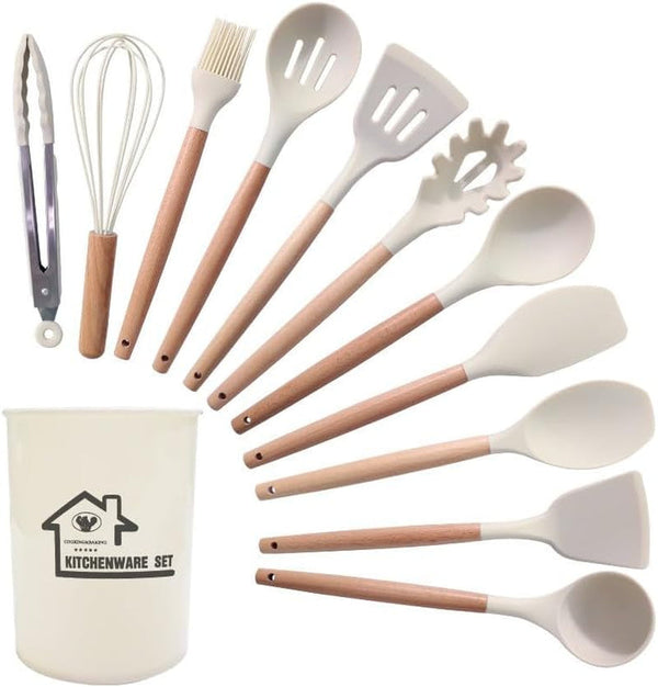 Kitchen Utensil Set with Holder, 12Piece Silicone Cooking Tools with Wooden Handles, White1