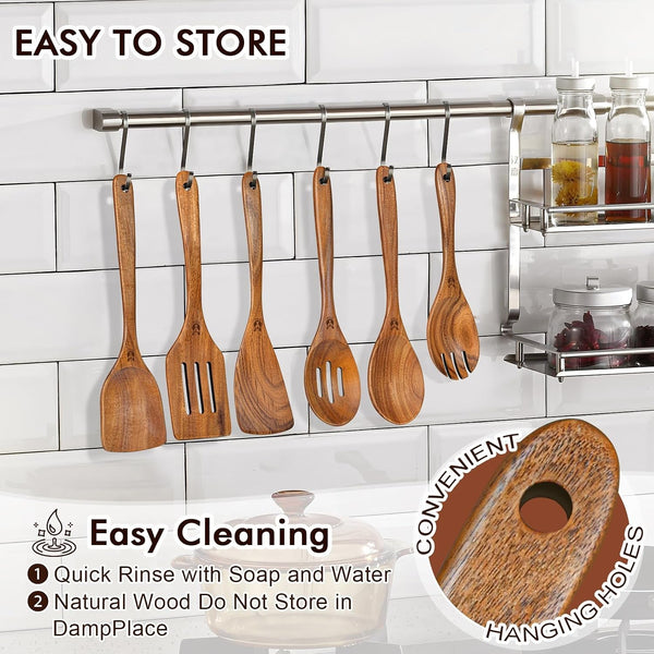 Wooden Spoons for Cooking, 6 Pcs Natural Teak Wooden Kitchen Utensils Set, Cooking Utensils Set with Long & Comfort Grip, Wooden Spoons Spatula Set Perfect for Non-Stick Cookware6