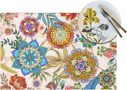 Boho Floral Placemats Set of 4 Linen 12"X18" Colorful Flowers Table Mats for Kitchen Dining Table Holiday Party Heat Resistant Washable Spring Summer Farmhouse Bohemian Mandala Place Mats5