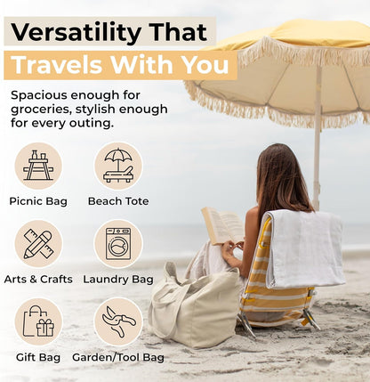 Canvas Grocery Bag 3Pc XL Set with Real Pockets, Long Shoulder Strap and Short Handle. Heavy Duty, Foldable, Washable5