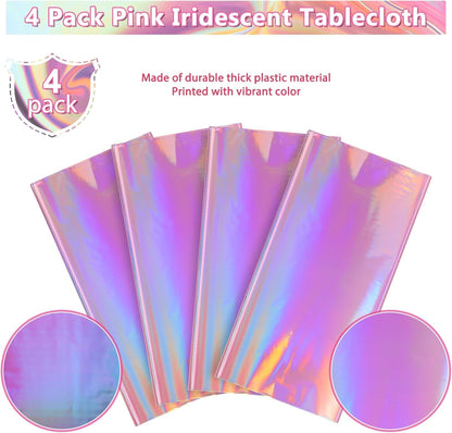 4 Pack Iridescent Pink Plastic Tablecloths,  Shiny Disposable Laser Rectangle Table Covers, Holographic Foil Tablecloth Iridescent Party Decorations for Kpop Birthday Wedding Xmas, 54X108Inch4