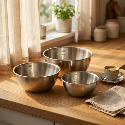 Stainless Steel Mixing Bowls Set of 3，Nesting Metal Prep Bowls with Interior Measurement Marks for Baking, Cooking & Food Storage - Space Saving, Rust-Proof & Dishwasher Safe4