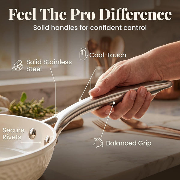 Hammered 10 Pc Pots and Pans Set Non Stick Ceramic Cookware | Heavy Duty 3.0MM Gauge, Non Toxic PFOA/PTFE/PFOS Free Ceramic & Titanium, Induction Compatible, Oven & Dishwasher Safe7