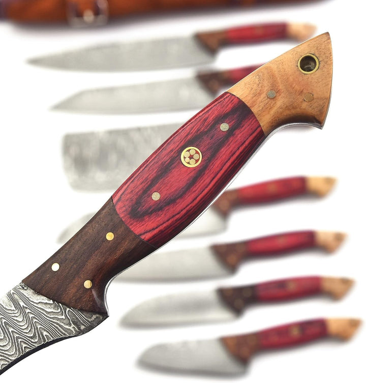129-8 Stainless Steel Damascus Knife Set 8 Pcs, Kitchen Knife Set with Leather Roll Case Bag High Carbon Ultra Sharp Knife for Kitchen, Professional Chef Knife Set with Bag 129 (8)+2