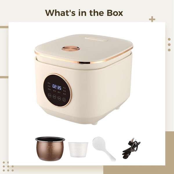 2L Smart Rice Cooker, Low Carb Rice Cooker for Small Homes, Timer, Keep Warm, Non-Stick, 6 People, White with Gold Trim2