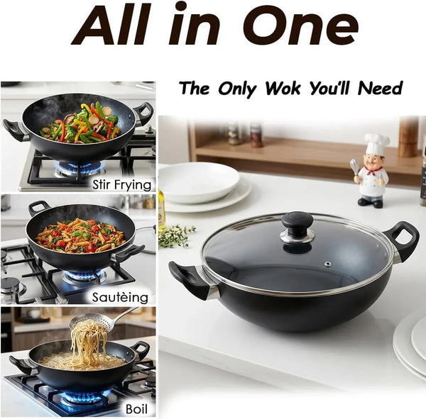 Non Stick Imperial Classic Wok with Glass Lid – Pfoa-Free Nonstick Wok Pan, Tempered Glass Lid with Steam Vent, Easy Clean Stir Fry Wok for Gas & Electric Stovetops (13")6