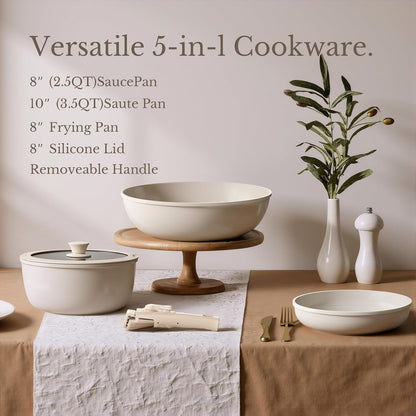 Pots and Pans Set Non Stick, Ceramic Cookware Set Detachable Handle, RV Camping Kitchen Cooking Set Removable Handles, Dishwasher/Oven/Fridge Safe, Induction, Space Saving，Cream White8