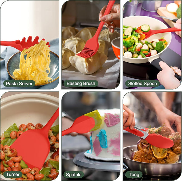 Silicone Cooking Utensils Set, 25 Piece Kitchen Utensils with Holder, Non Toxic Kitchen Tools Spatula, Turner, Spoon, Ladle for Nonstick Cookware, Heat Resistant & Dishwasher Safe - Red6