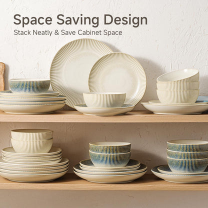 24-Piece Stoneware Dinnerware Set, Blue Reactive Glaze for 88