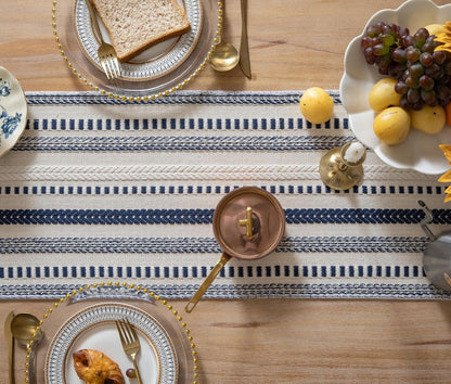 Boho Table Runner 108 Inchs Long, Navy Blue and Beige Cotton Linen Blend Woven Modern Rustic Farmhouse Decorative Dresser and Coffee Table Runner for Kitchen, Dining Room Home Decor3