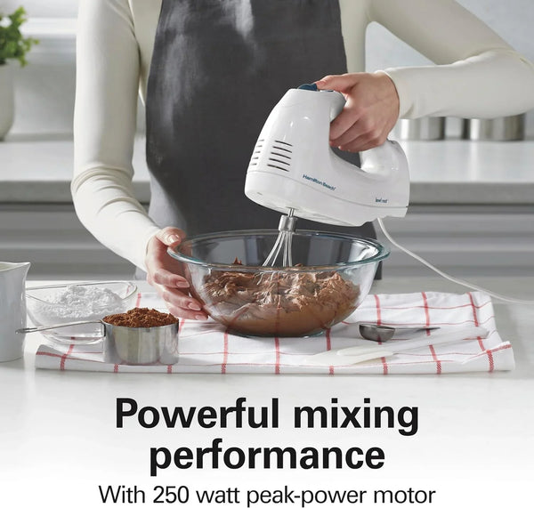 6-Speed Electric Hand Mixer with Quickburst and Bowl Rest | Powerful 250 Watt Motor | Traditional Beaters | Snap-On Storage Case | White | 62682G5