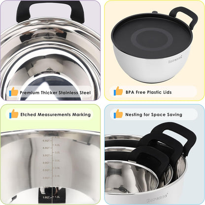 Stainless Steel Mixing Bowls: Stackable Mixing Bowl Set with Lids and Handles Non-Slip Silicone Bottom Nesting Bowls for Kitchen Set of 3 - Black3