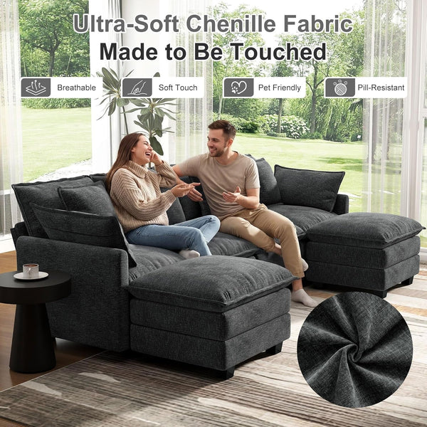107" Cloud Couch Sectional Modular Sofa, Deep Seat Couches with Ottoman and Removable Washable Pillows for Living Room, Bedroom, Apartment, Black5