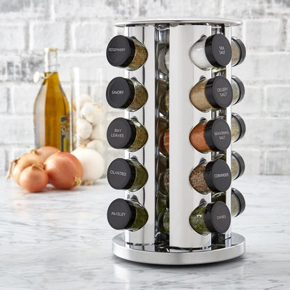 20 Jar Revolving Countertop Spice Rack with Spices Included, FREE Spice Refills for 5 Years, Polished Stainless Steel with Black Caps, 300204