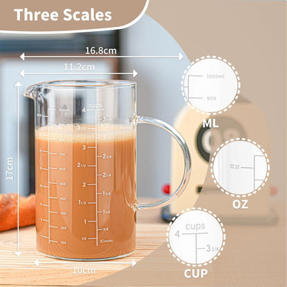 Glass Measuring Cup, Insulated Handle, V-Shaped Spout, High Borosilicate Glass Measuring Cup 1000ML、 /1 Liter, 4 Cup for Kitchen or Restaurant, Easy to Read (1000Ml-1Pcs)5