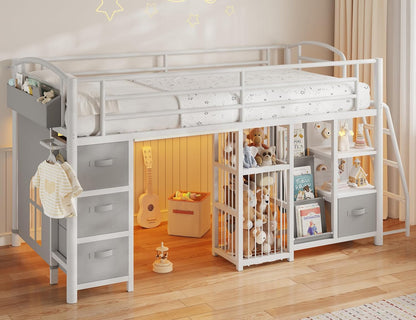 Twin Low Loft Bed, Kids Loft Bed, Storage Drawers, LED Lights, White Gray1