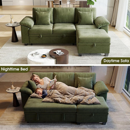 86" Modular Sectional Sleeper Sofa Bed, L Shaped 4 Seat Pull Out Couch with Storage Ottoman, Convertible Cloud Couch Bed, Sectional Couches for Living Room, Apartment (Green)3
