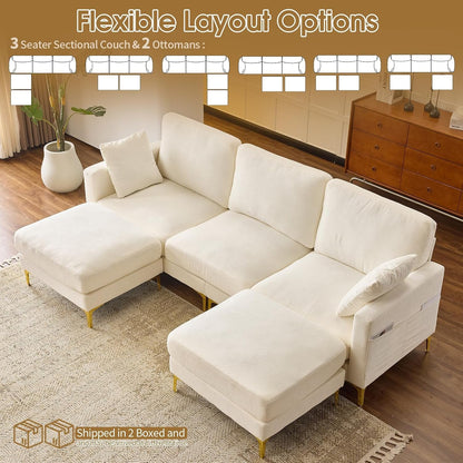 100" W U Shaped Couch with Ottoman, 22" Deep Seat Comfortable Sectional Couches for Living Room, 3 Seater Chenille Fabric Cloud Sofa for Apartment, Small Spaces, Bedroom, Beige6