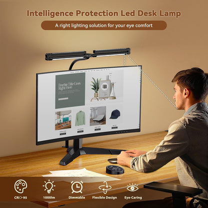 Led Desk Lamps for Home Office - Eye Caring Architect Lamp with Clamp, Double Head Computer Monitor Work Desk Light with Remote Control: 24W Flexible Dimmable Desktop Table Lamp3