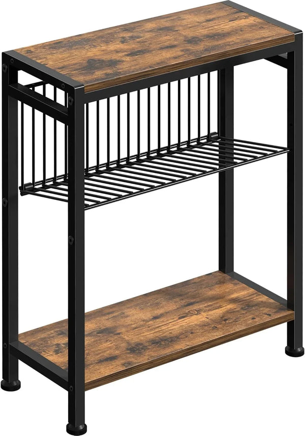 Small Side Table for Small Space, 3-Tier Narrow End Table with Magazine Holder,Slim Nightstand, Skinny Snack Couch Table in Living Room, Bedroom Study and Balcony (Rustic Brown &Black)1